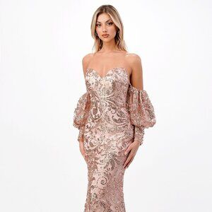 NEW LONG OFF THE SHOULDER MERMAID DRESS WITH DETACHABLE PUFF SLEEVES CD J820